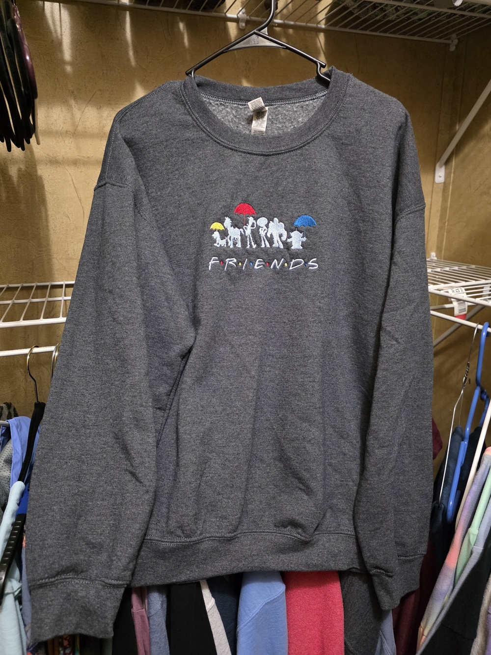 Gildan Dark Gray Friends Crewneck Sweatshirt with Colorful Umbrella Silhouettes
